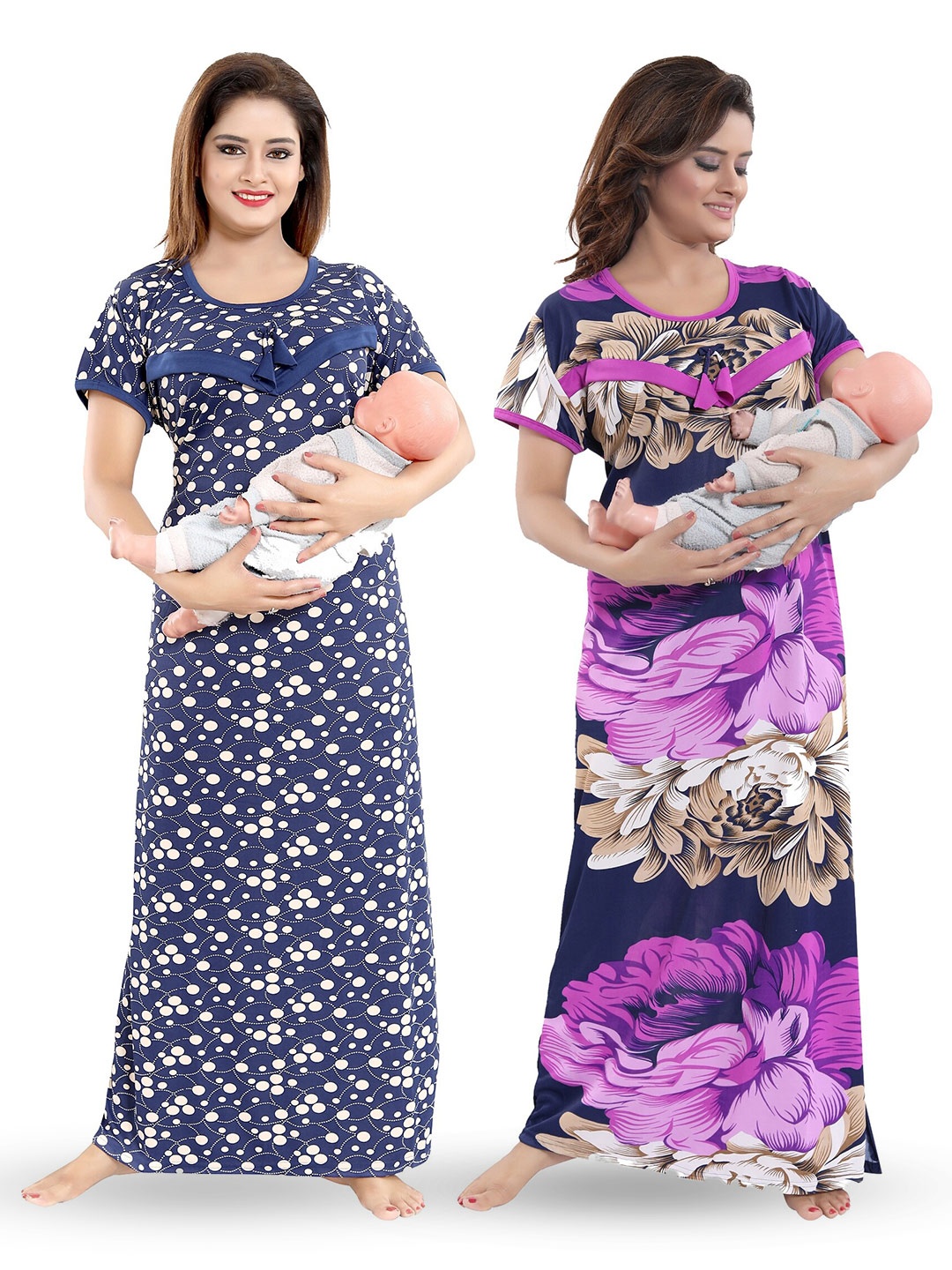 

SHOPPING STATION Pack Of 2 Floral Printed Satin Maternity Maxi Nightdress, Blue