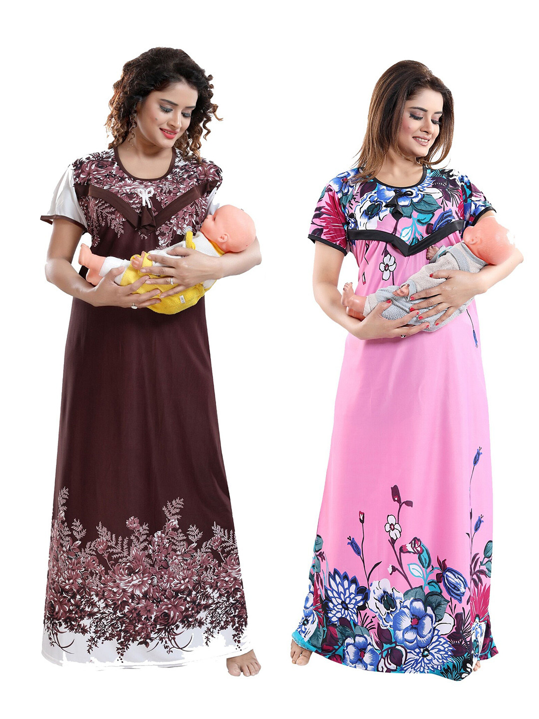

SHOPPING STATION Pack Of 2 Floral Printed Satin Maternity Maxi Nightdress, Pink