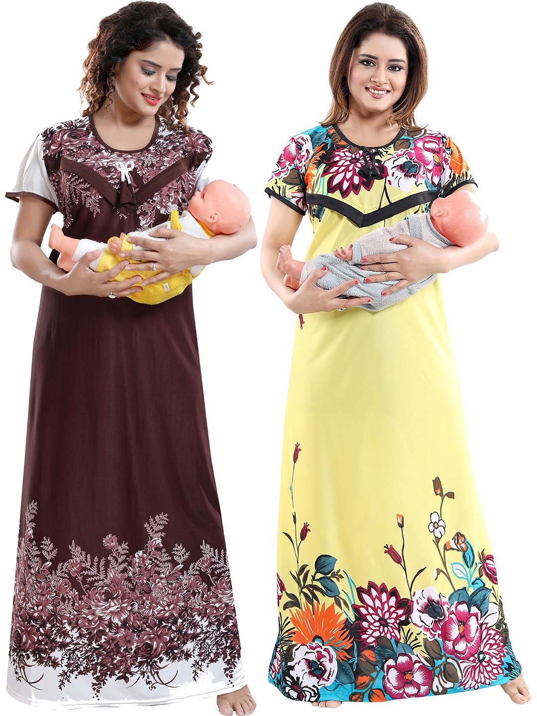 

SHOPPING STATION Pack Of 2 Floral Printed Satin Maternity Maxi Nightdress, Yellow