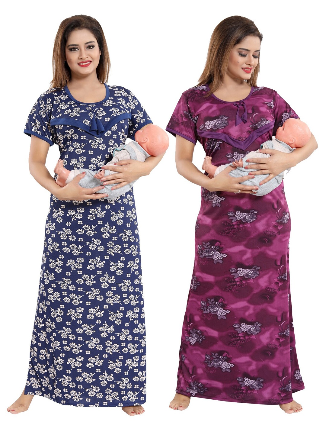 

SHOPPING STATION Pack Of 2 Floral Printed Satin Maternity Maxi Nightdress, Blue