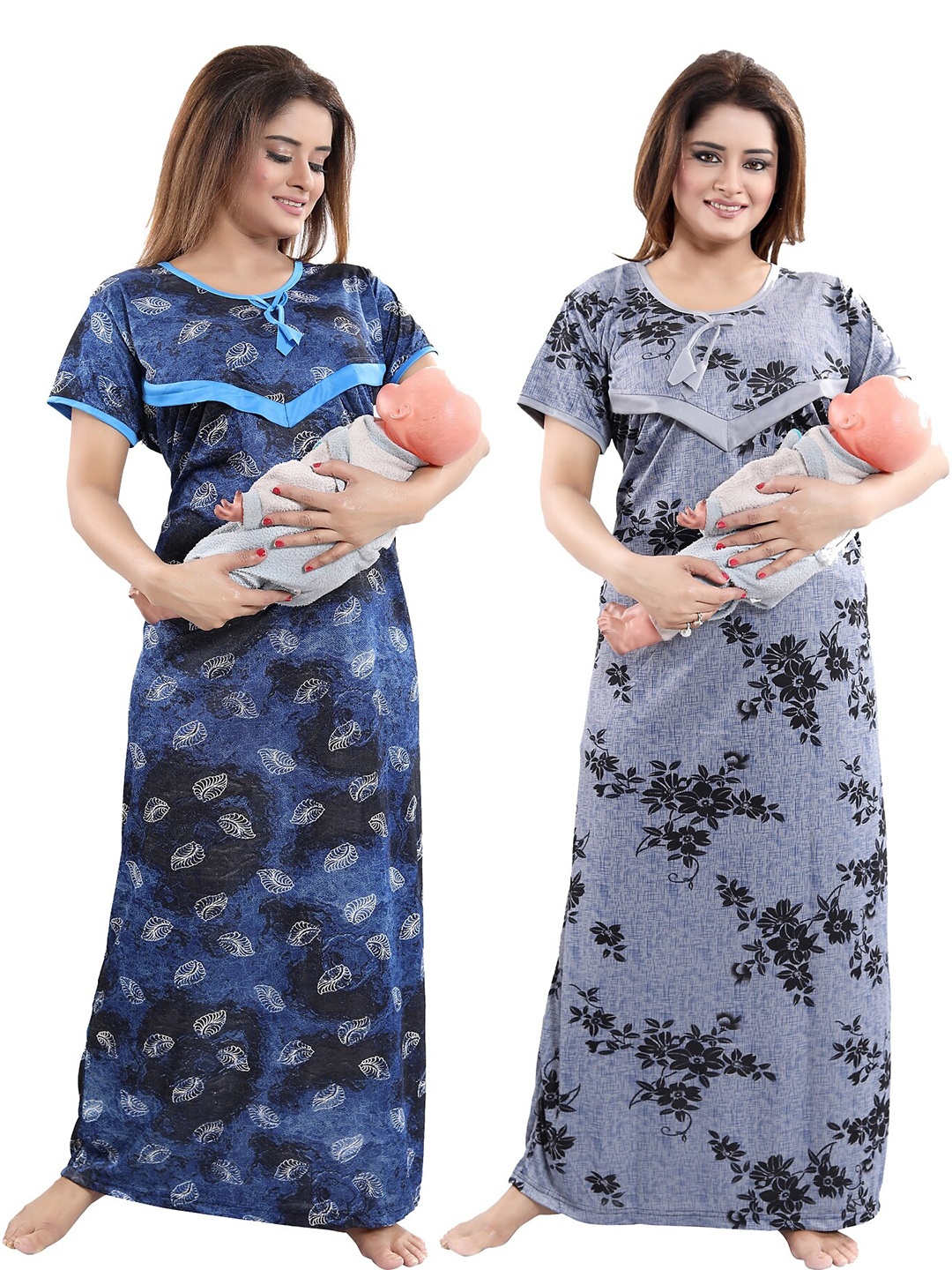 

SHOPPING STATION Pack Of 2 Floral Printed Satin Maternity Maxi Nightdress, Navy blue