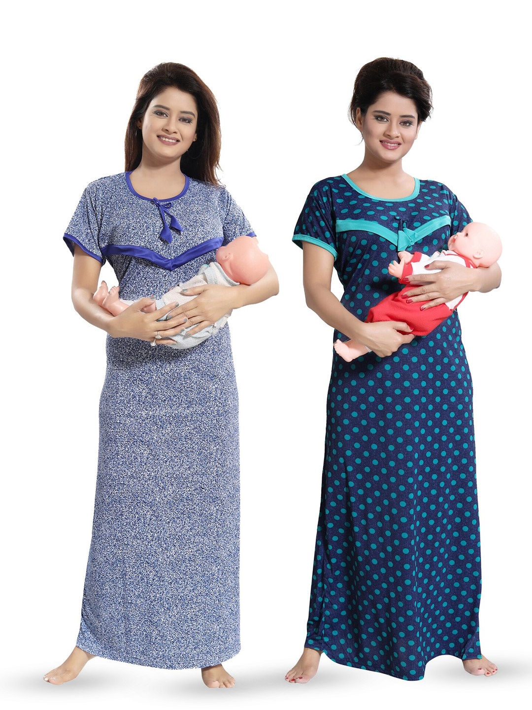 

SHOPPING STATION Pack Of 2 Polka Dots Printed Satin Maternity Maxi Nightdress, Blue
