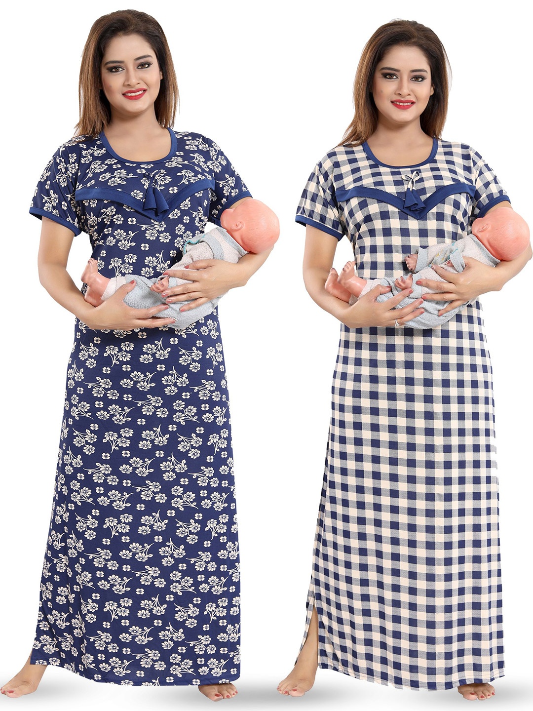 

SHOPPING STATION Pack Of 2 Floral Printed Satin Maternity Maxi Nightdress, Navy blue