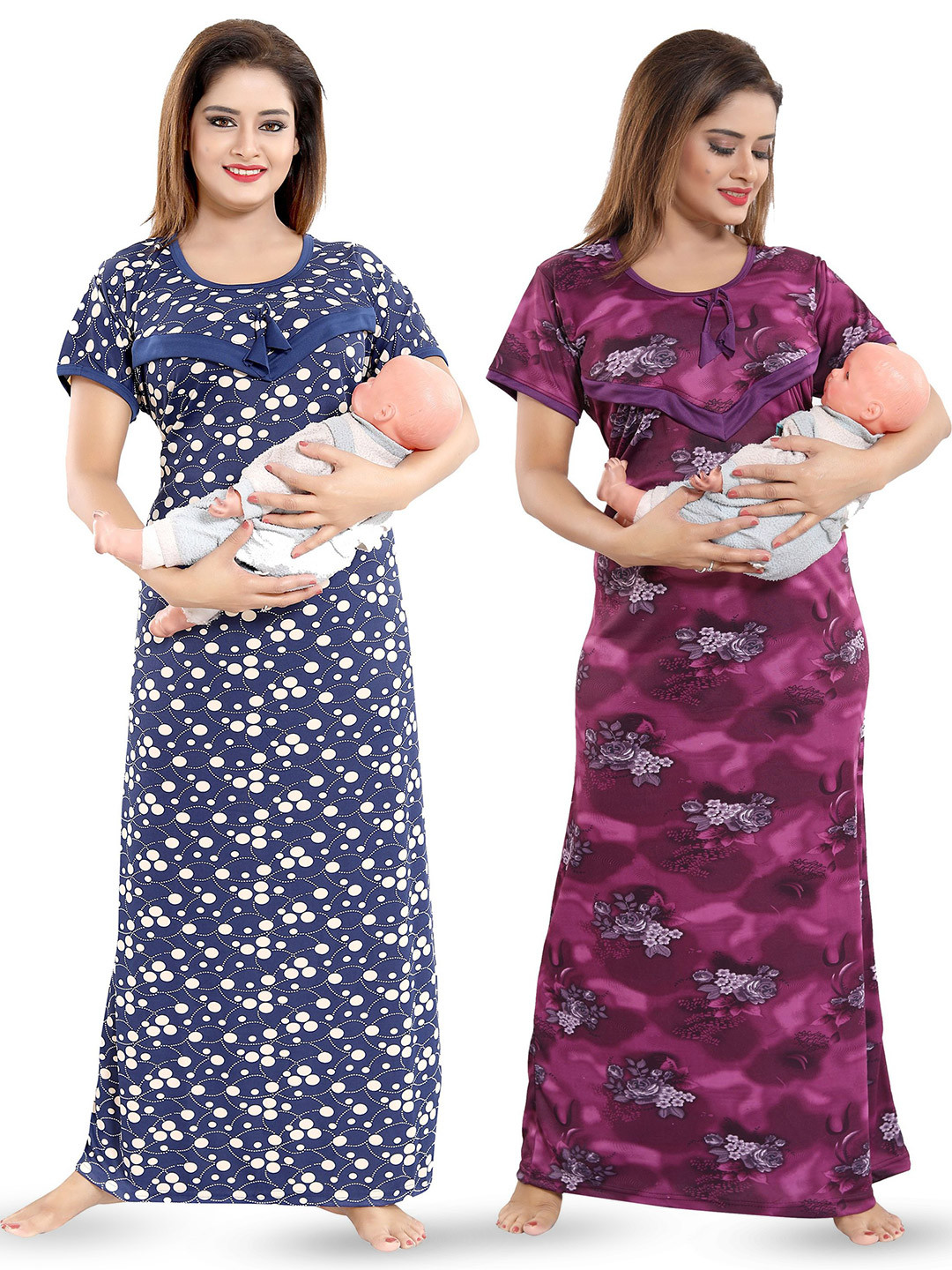 

SHOPPING STATION Pack Of 2 Floral Printed Satin Maternity Maxi Nightdress, Navy blue