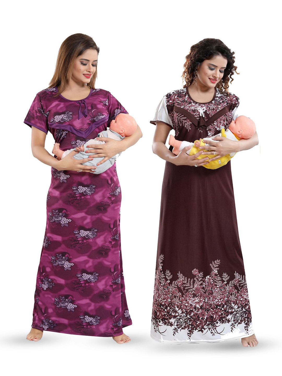 

SHOPPING STATION Pack Of 2 Floral Printed Satin Maternity Maxi Nightdress, Pink