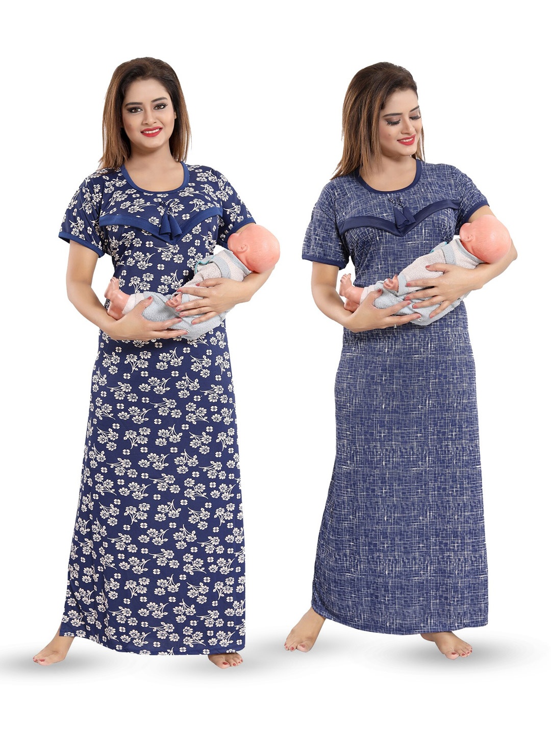 

SHOPPING STATION Pack Of 2 Floral Printed Satin Maternity Maxi Nightdress, Navy blue