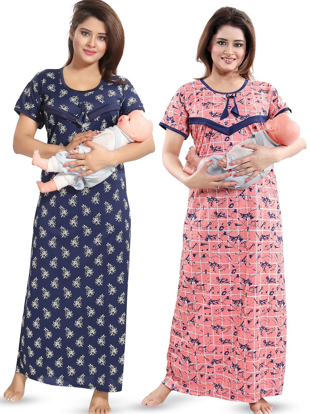 

SHOPPING STATION Pack Of 2 Floral Printed Satin Maternity Maxi Nightdress, Navy blue