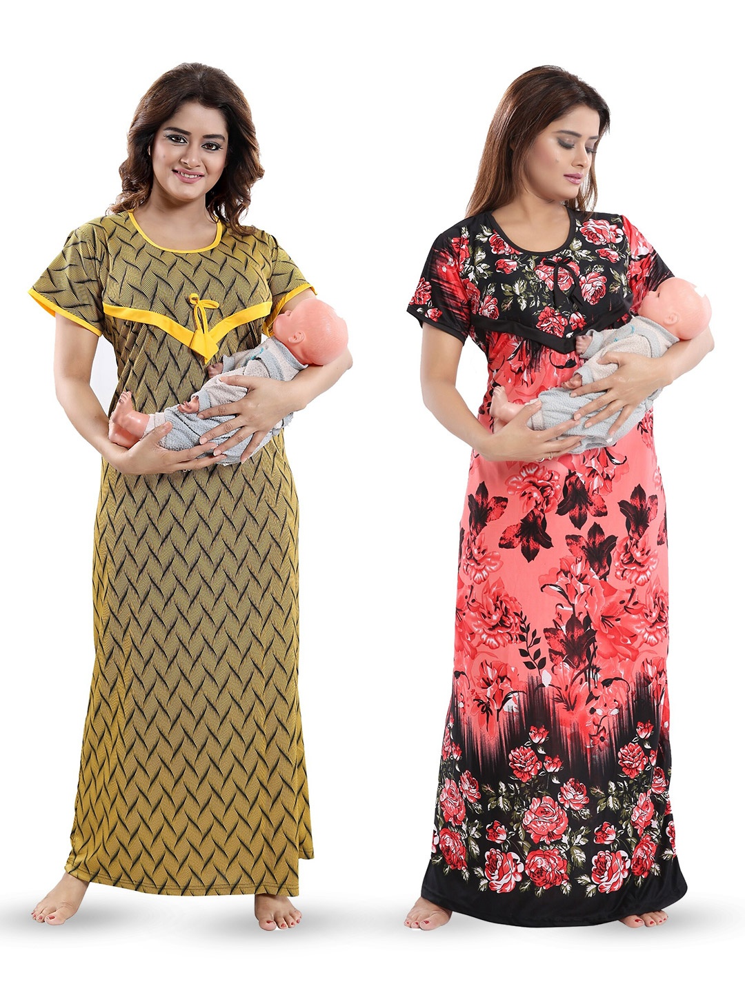 

SHOPPING STATION Pack Of 2 Floral Printed Satin Maxi Nightdress, Pink