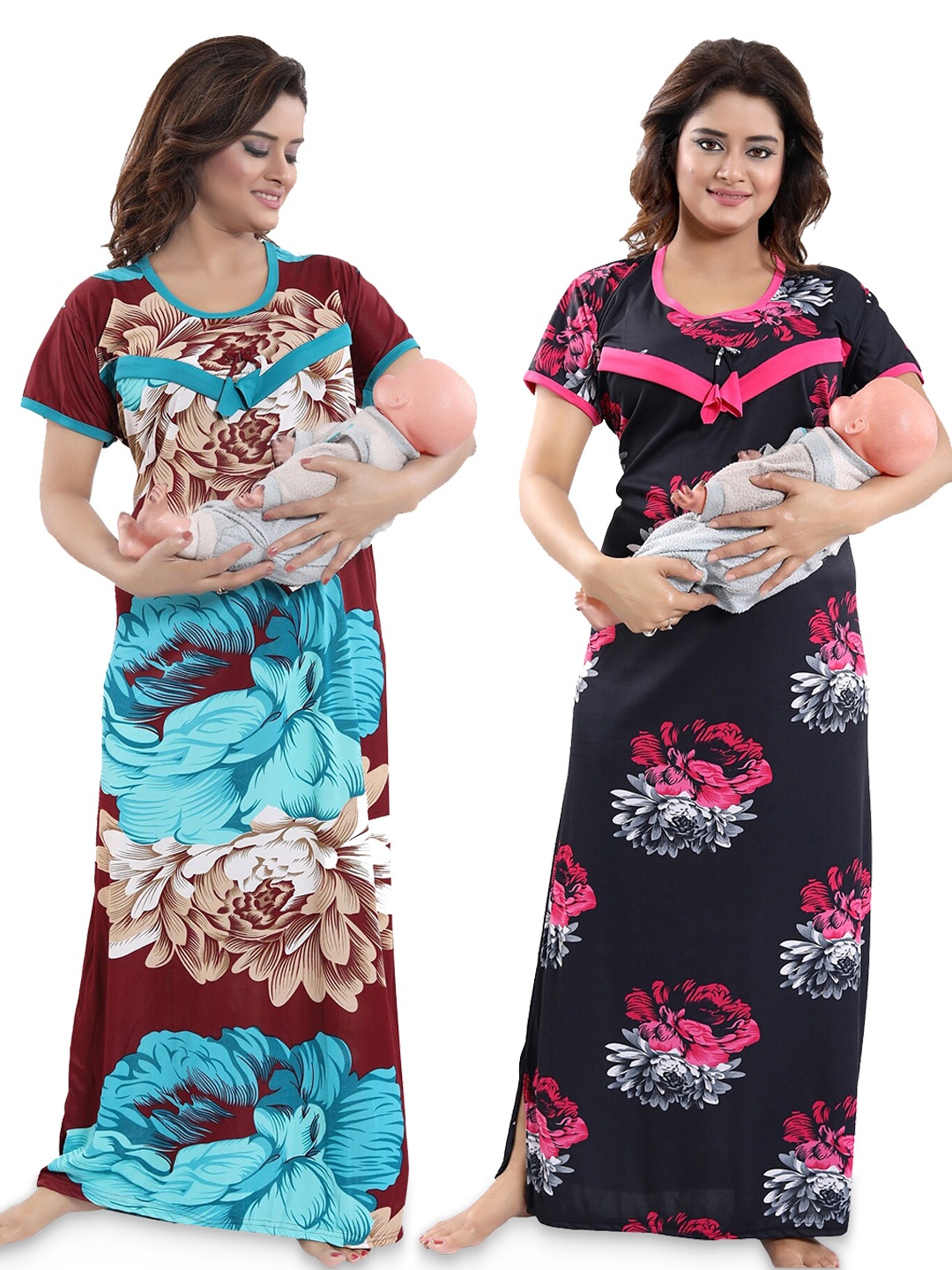 

SHOPPING STATION Pack Of 2 Floral Printed Satin Maternity Maxi Nightdress, Black