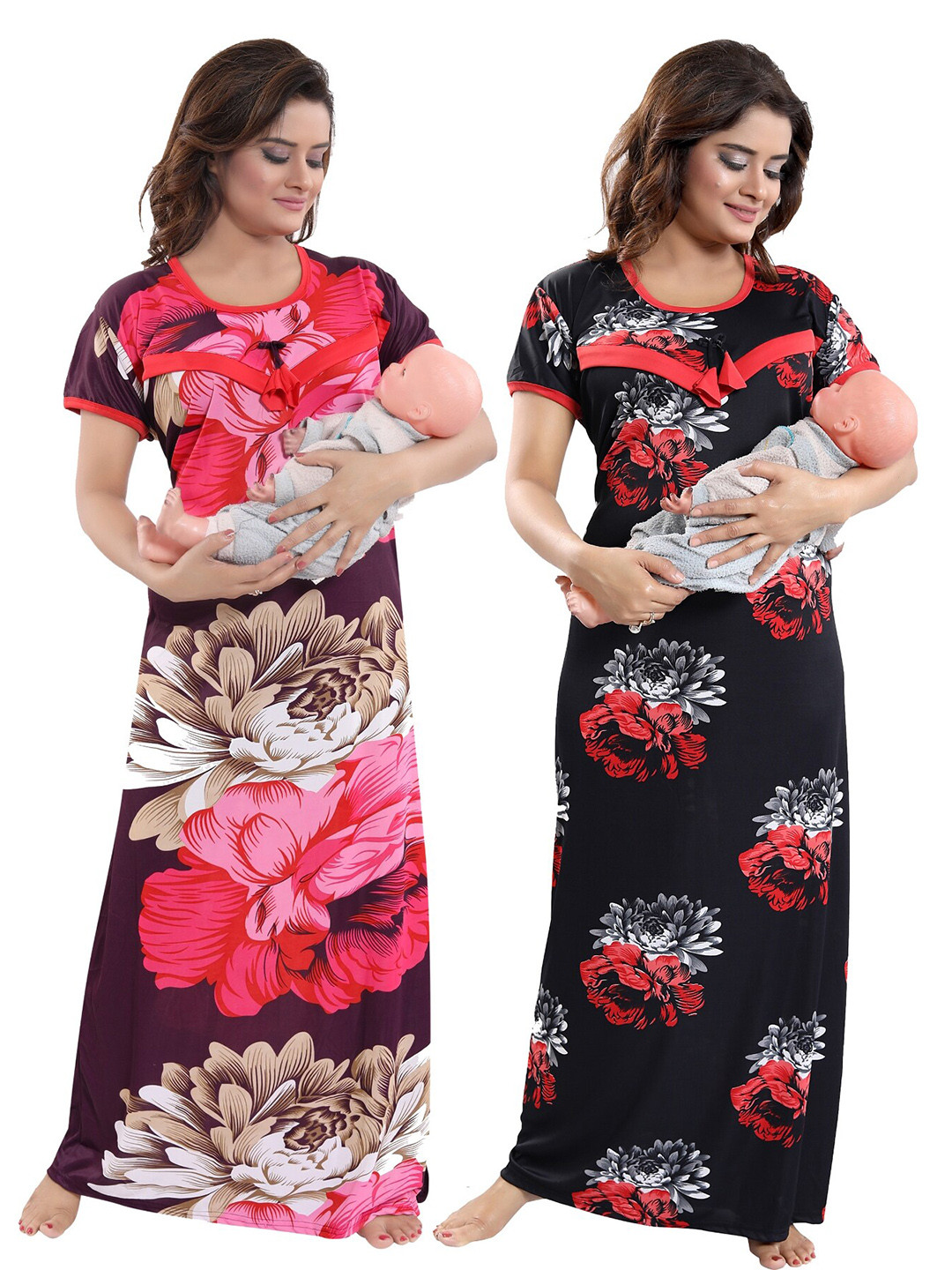 

SHOPPING STATION Pack Of 2 Floral Printed Satin Maxi Nightdress, Black