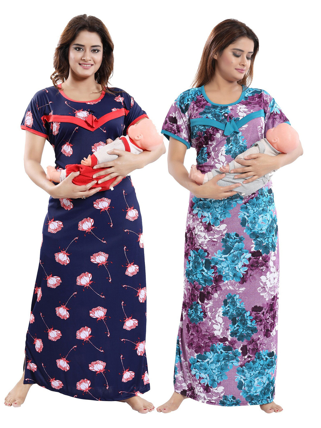 

SHOPPING STATION Pack Of 2 Floral Printed Satin Maxi Nightdress, Navy blue