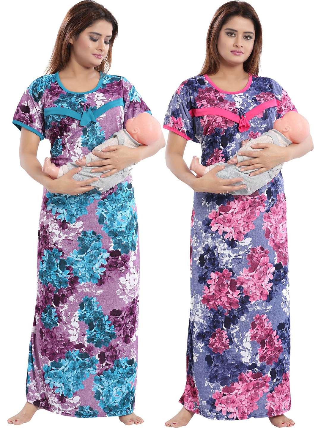 

SHOPPING STATION Pack Of 2 Floral Printed Satin Maternity Maxi Nightdress, Purple
