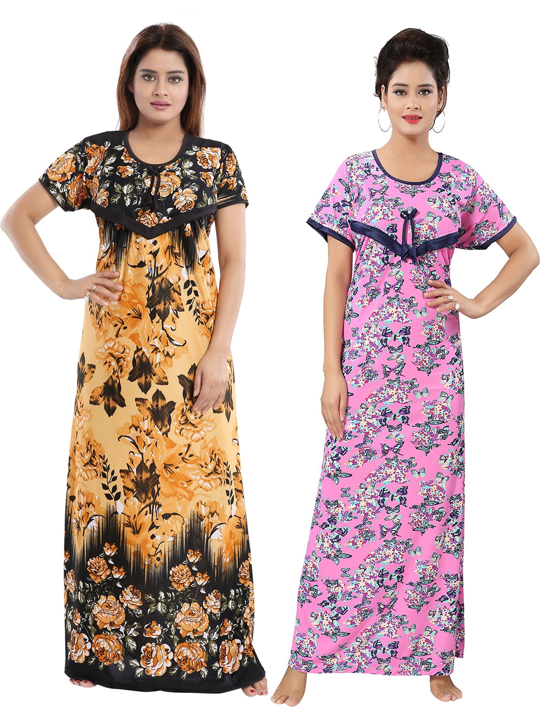 SHOPPING STATION Pack Of 2 Floral Printed Satin Maxi Nightdress, Yellow