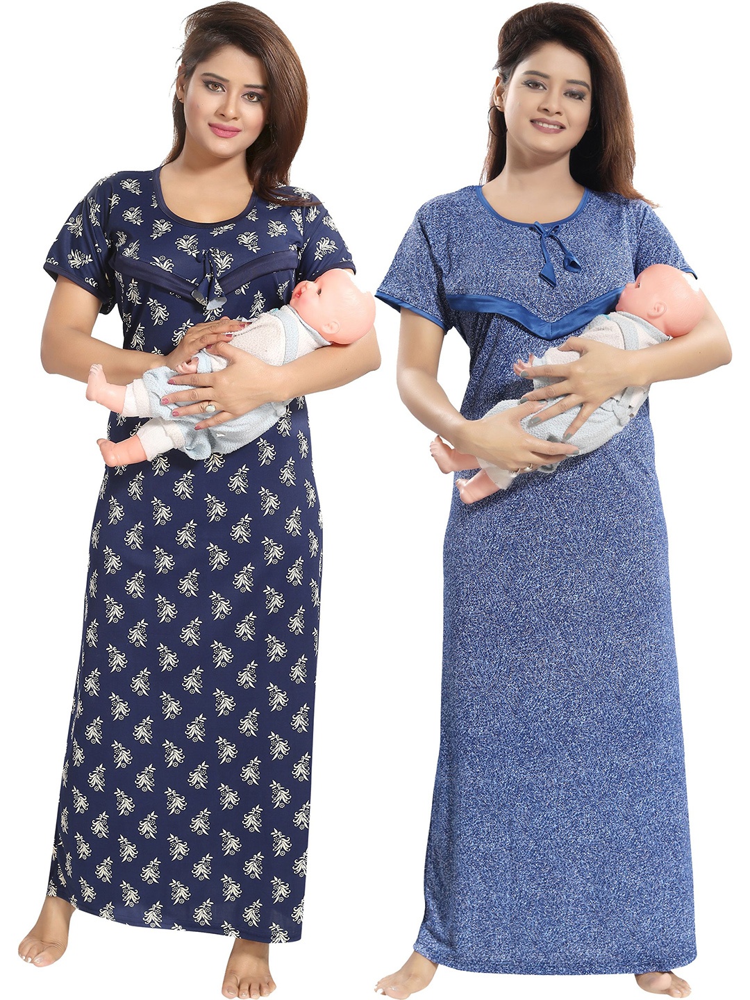 

SHOPPING STATION Pack Of 2 Floral Printed Satin Maxi Nightdress, Navy blue