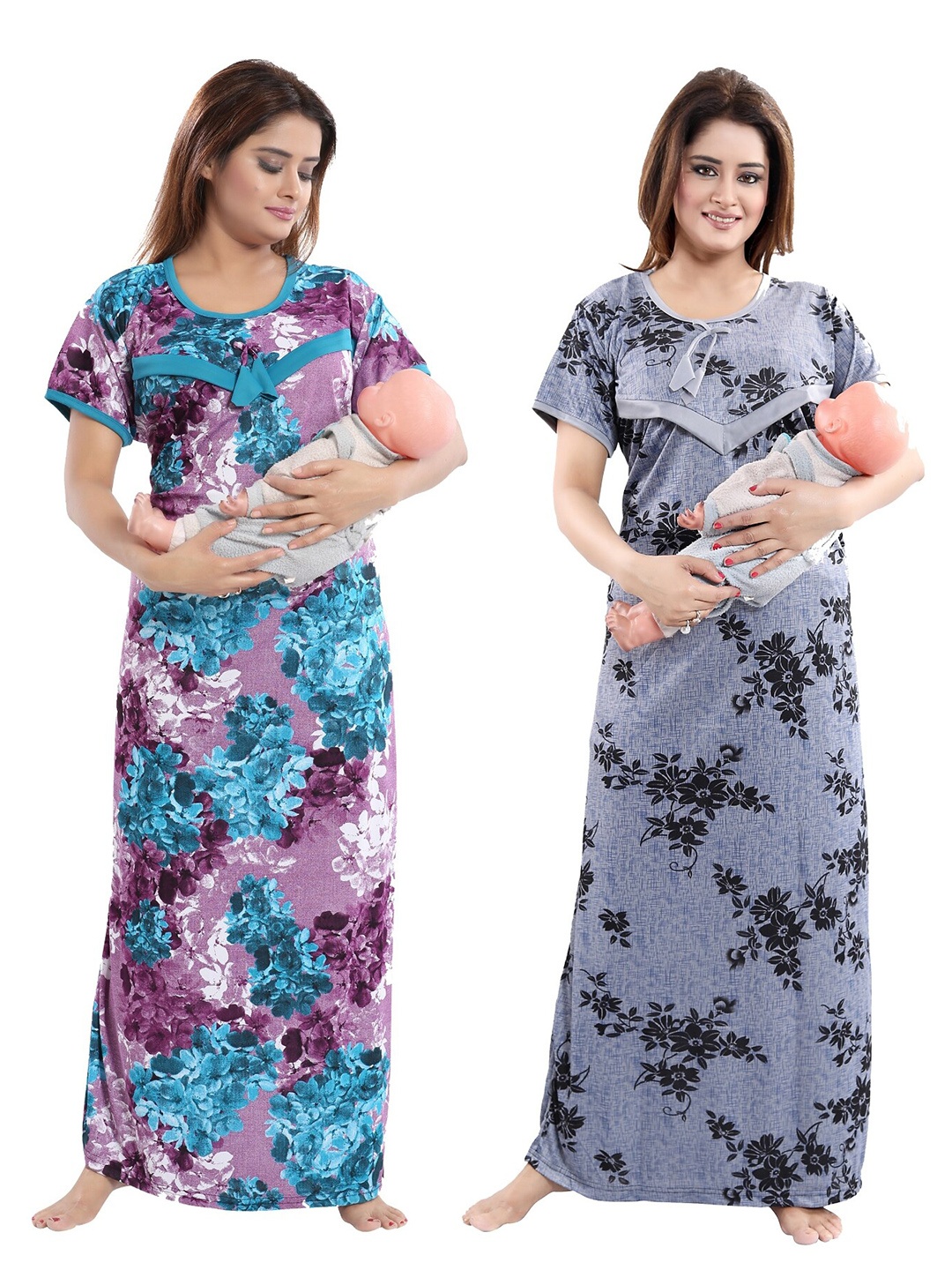 

SHOPPING STATION Pack Of 2 Floral Printed Satin Maternity Maxi Nightdress, Purple
