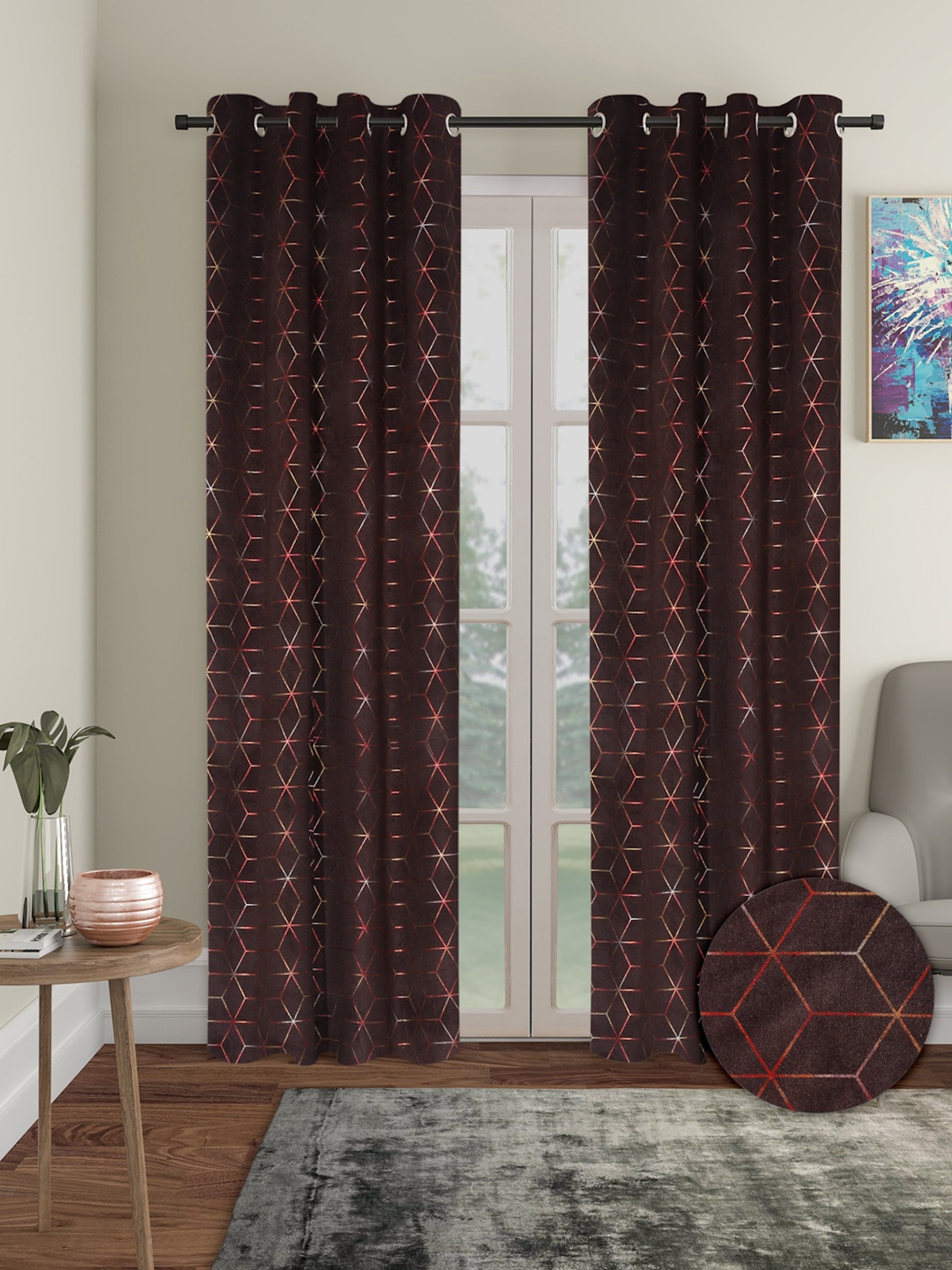 

Cortina Brown 2 Pieces Geometric Black Out Long Door Curtains