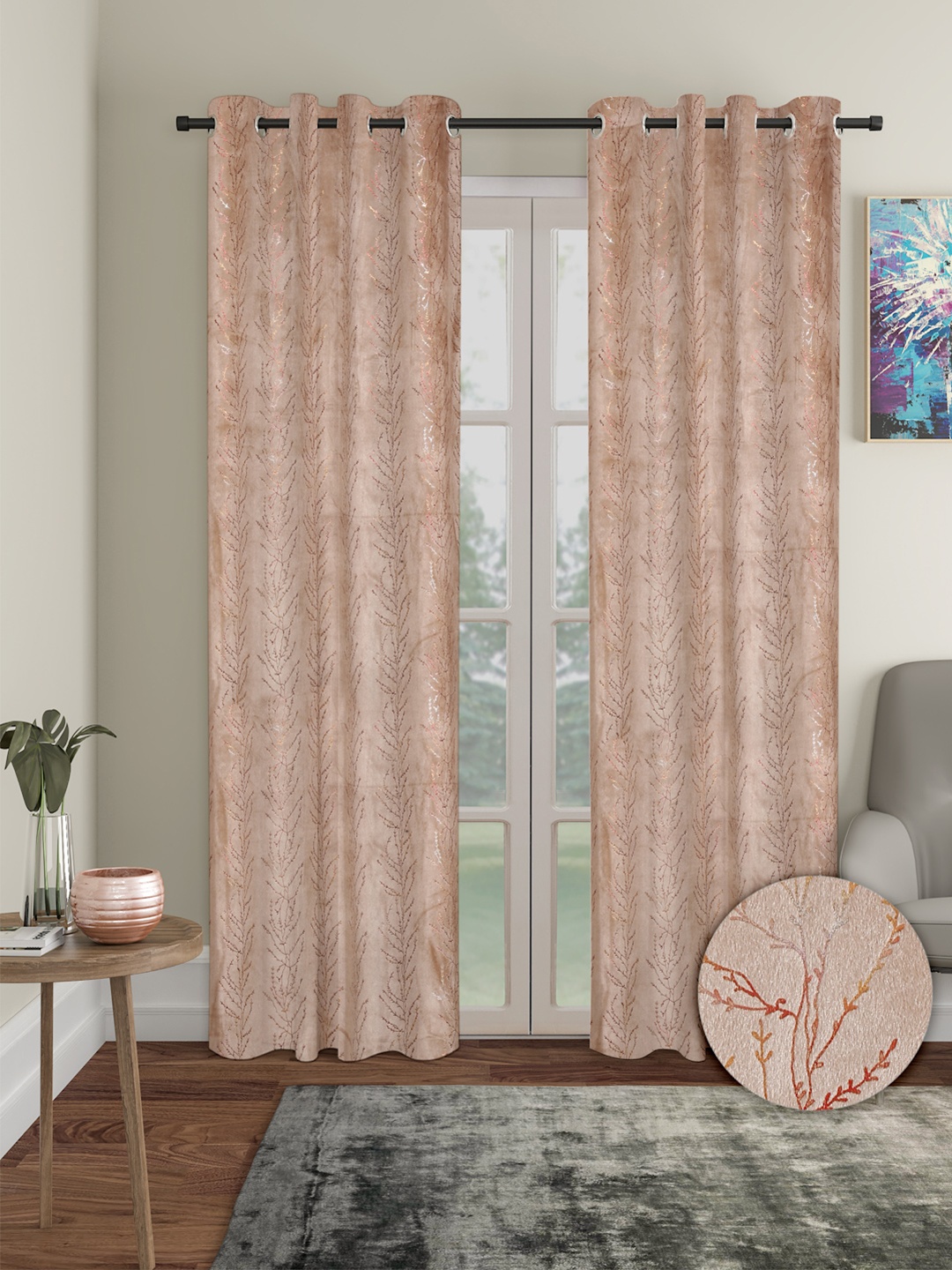 Cortina Beige & Orange 2 Pieces Floral Black Out Long Door Curtains
