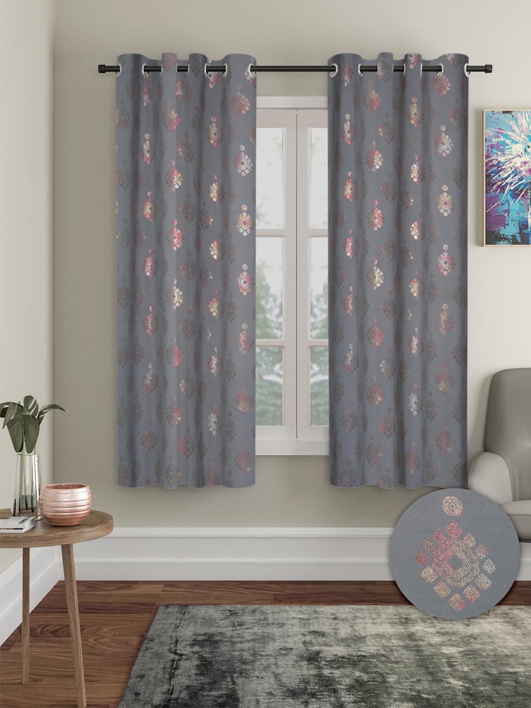 Cortina Grey 2 Pieces Ethnic Motifs Black Out Window Curtains