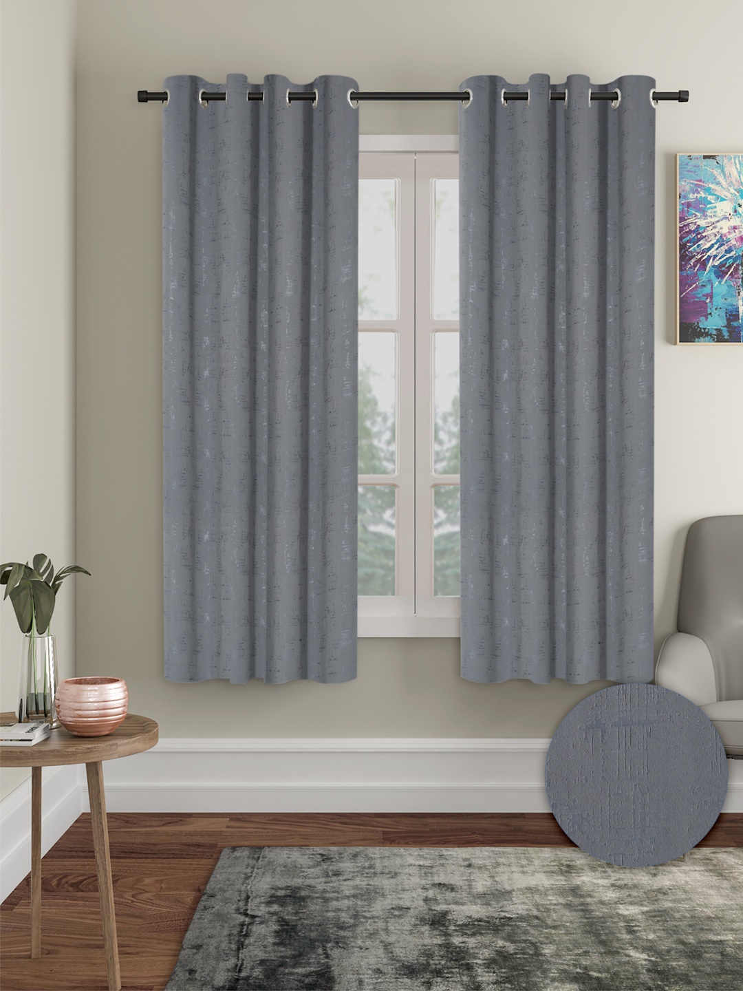 Cortina Grey 2 Pieces Self Design Black Out Long Door Curtains