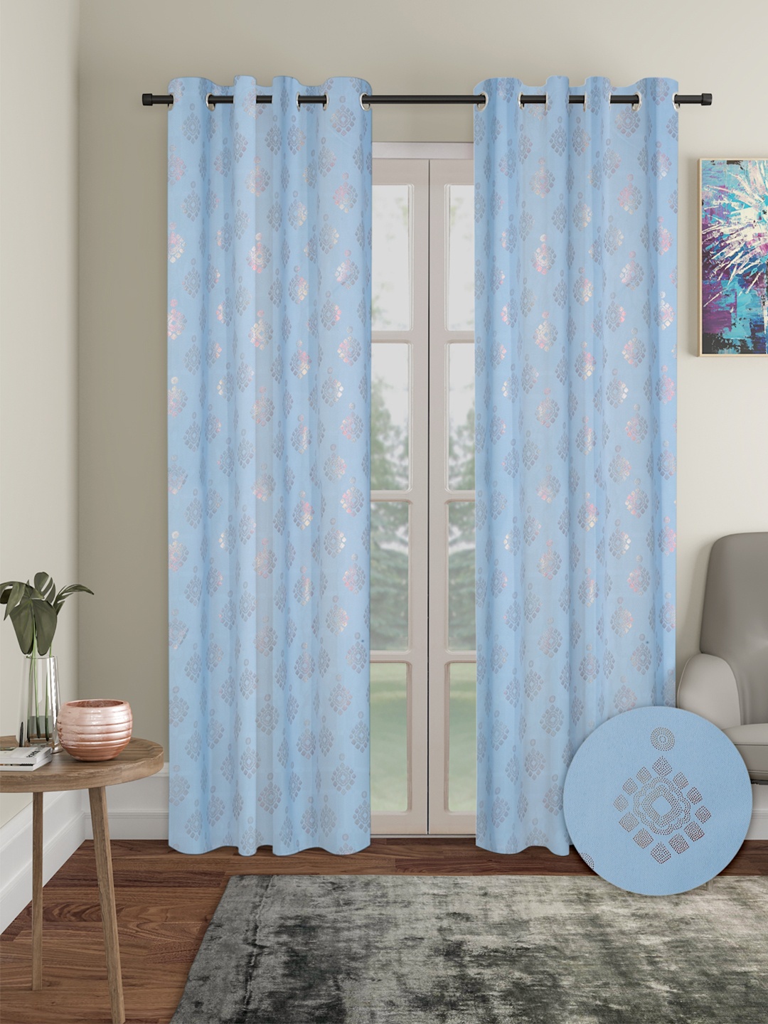 

Cortina Blue & Silver Toned 2 Pieces Ethnic Motifs Black Out Long Door Curtains
