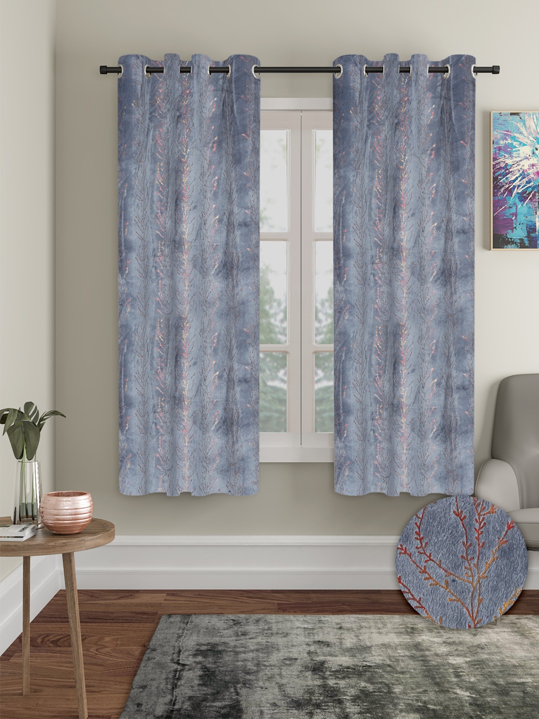 Cortina Grey & Red 2 Pieces Black Out Window Curtains