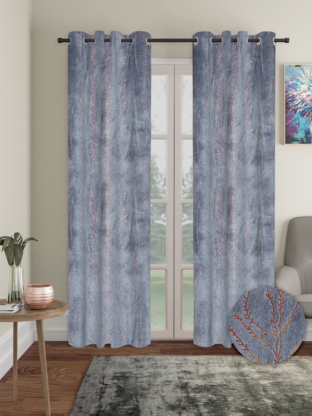 

Cortina Grey & Gold-Toned 2 Pieces Floral Black Out Door Curtains
