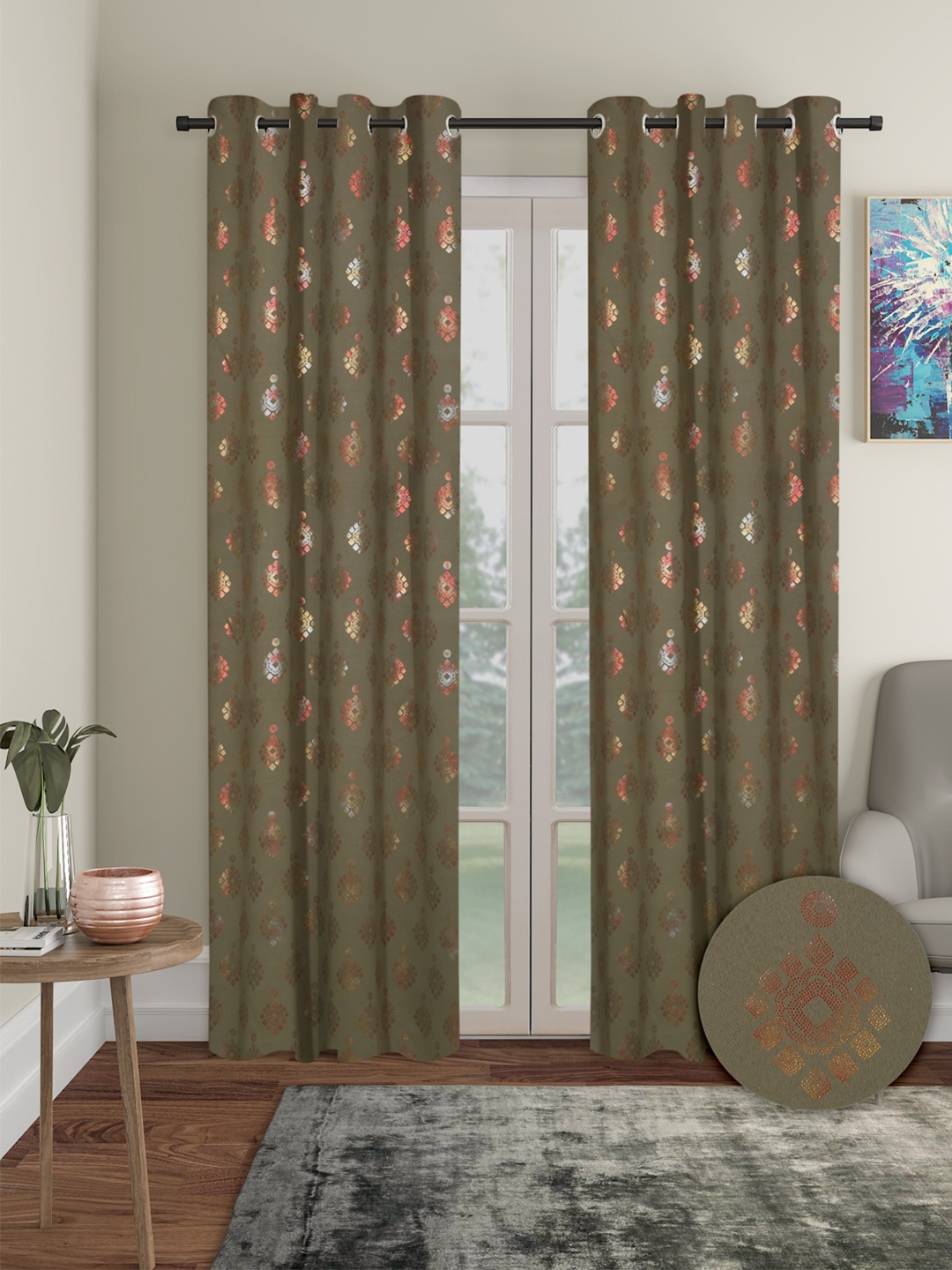 

Cortina Olive Green & Gold-Toned 2 Pieces Ethnic Motifs Black Out Door Curtains