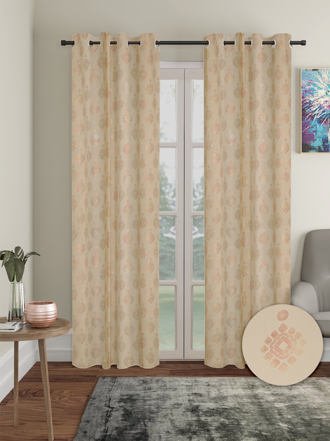 

Cortina Cream-Coloured 2 Pieces Ethnic Motifs Black Out Long Door Curtains