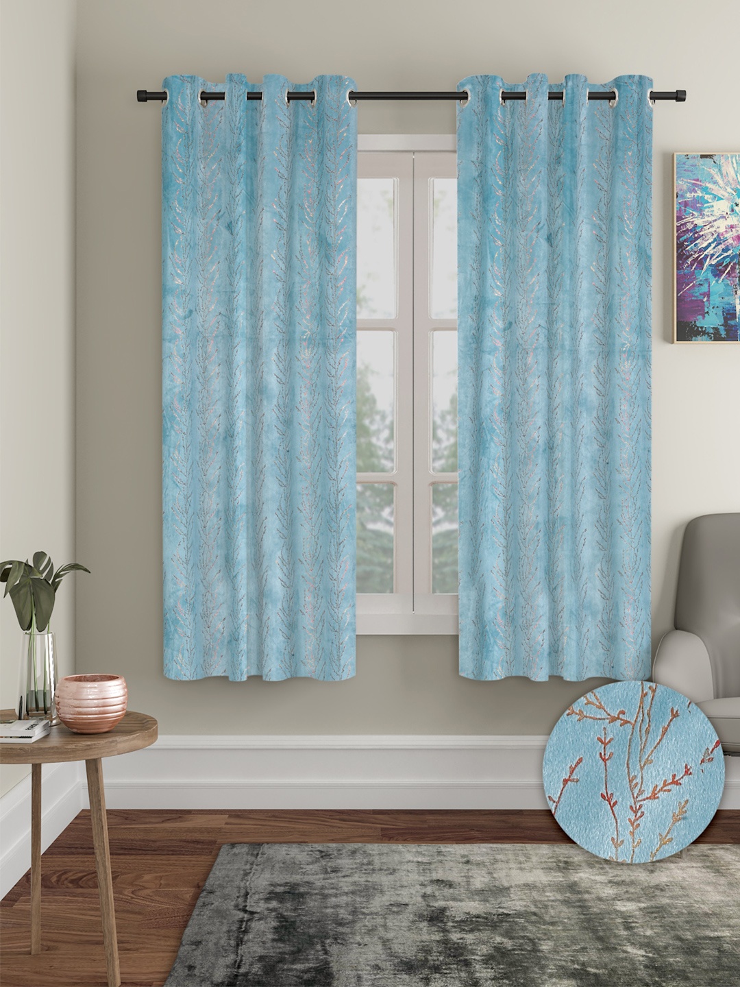 Cortina Blue & Gold-Toned 2 Pieces Floral Black Out Window Curtains