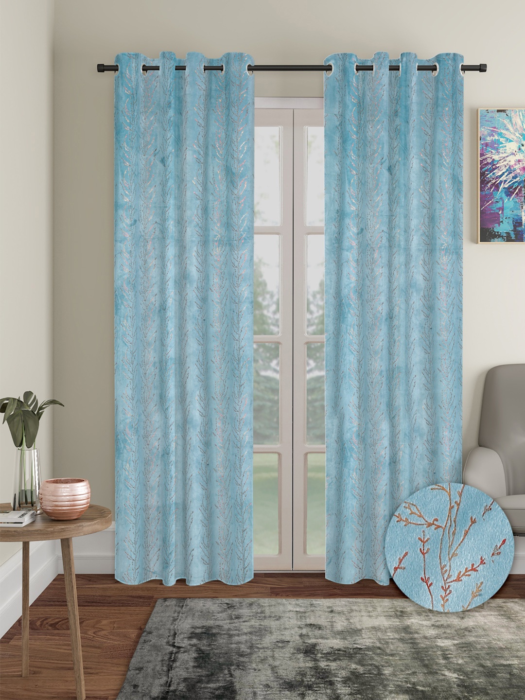 

Cortina Blue & Gold-Toned 2 Pieces Leaf Printed Black Out Door Curtain