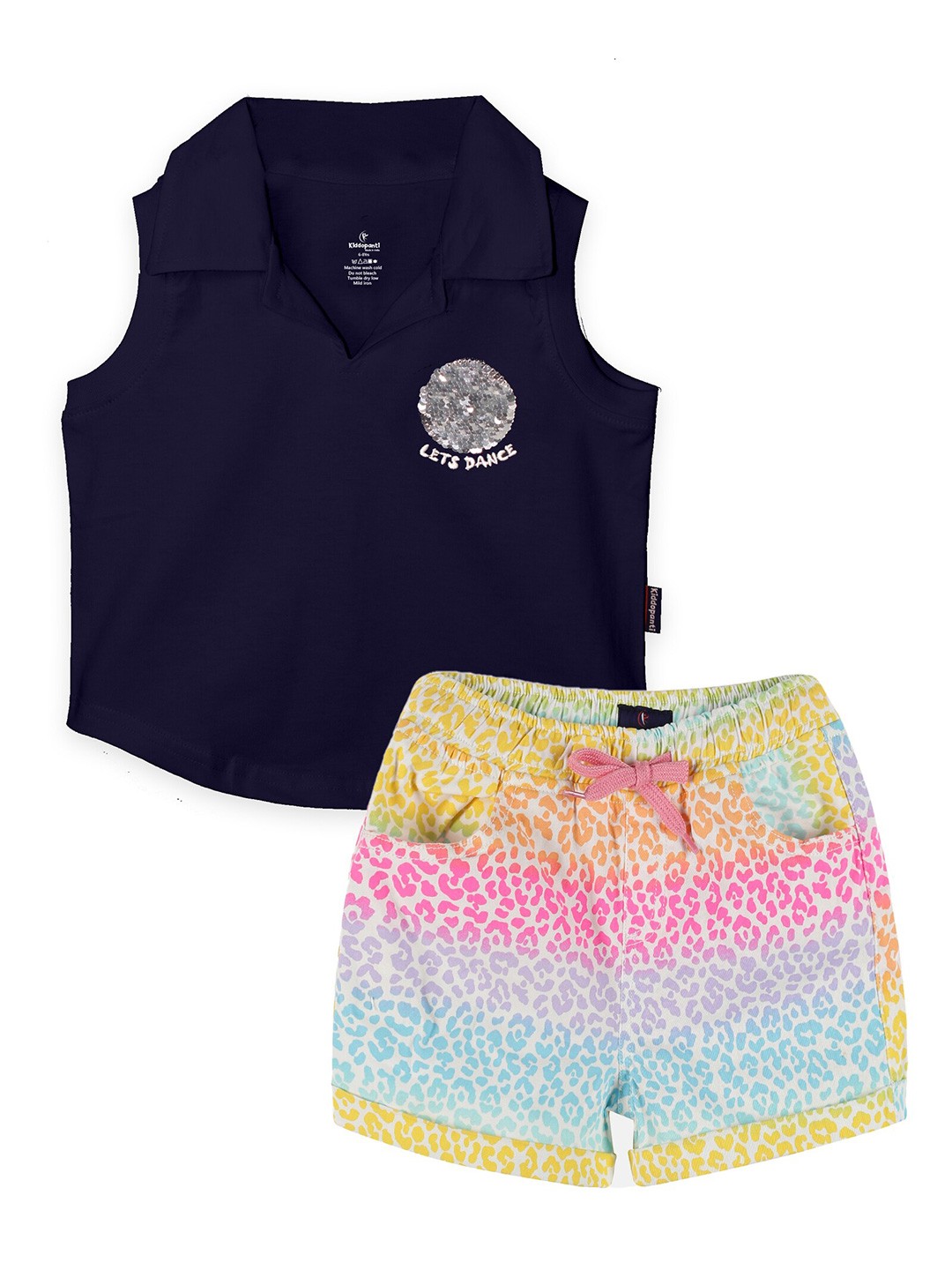 

KiddoPanti Girls Pure Cotton Polo Collar Sleeveless T-shirt with Shorts, Navy blue