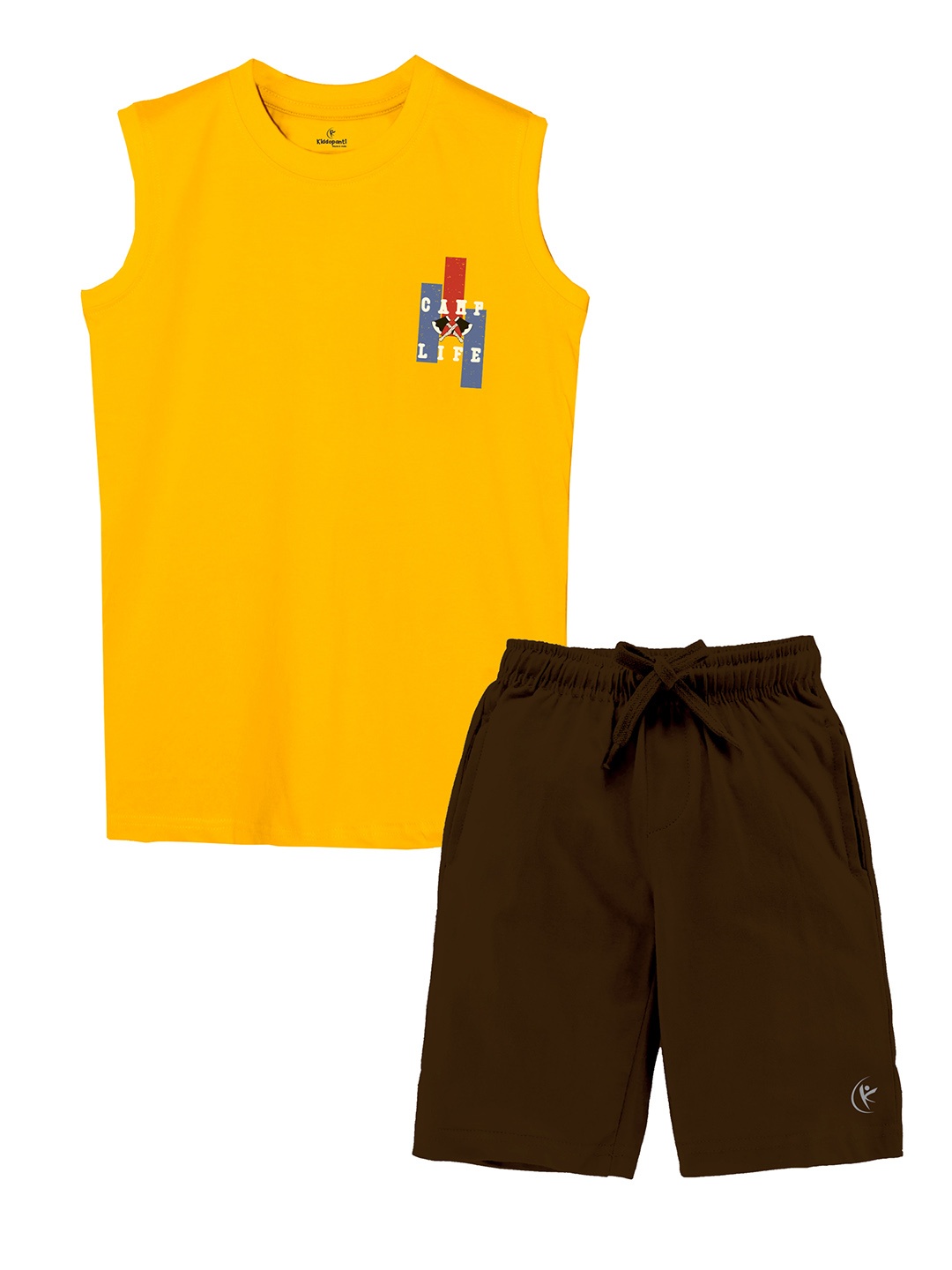 

KiddoPanti Boys Printed Sleeveless Pure Cotton T-shirt With Shorts Set, Yellow