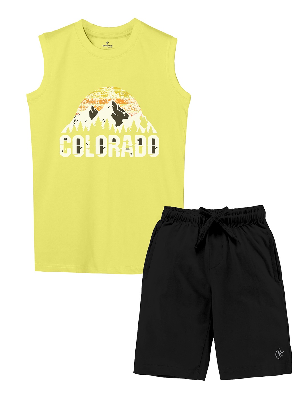 

KiddoPanti Boys Printed Pure Cotton Sleeveless T-shirt With Shorts, Yellow