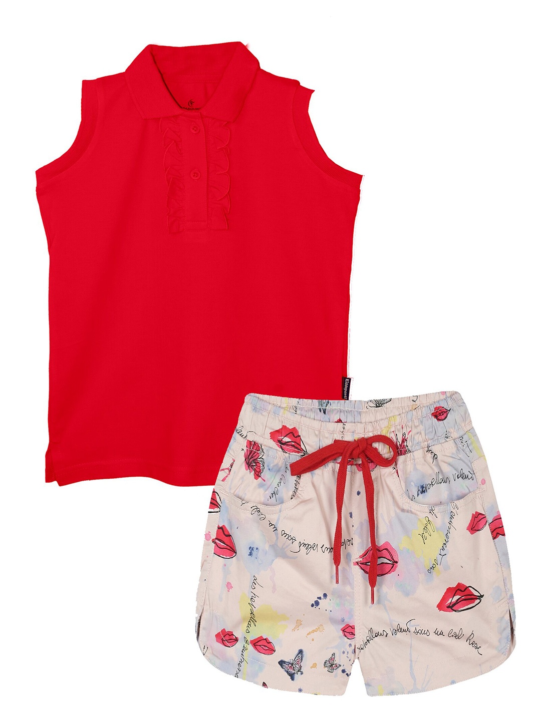 

KiddoPanti Girls Pure Cotton Sleeveless Polo Collar T-shirt With Shorts, Red