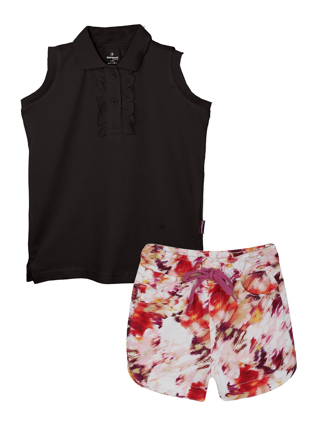 

KiddoPanti Girls Pure Cotton Sleeveless T-shirt With Shorts, Black