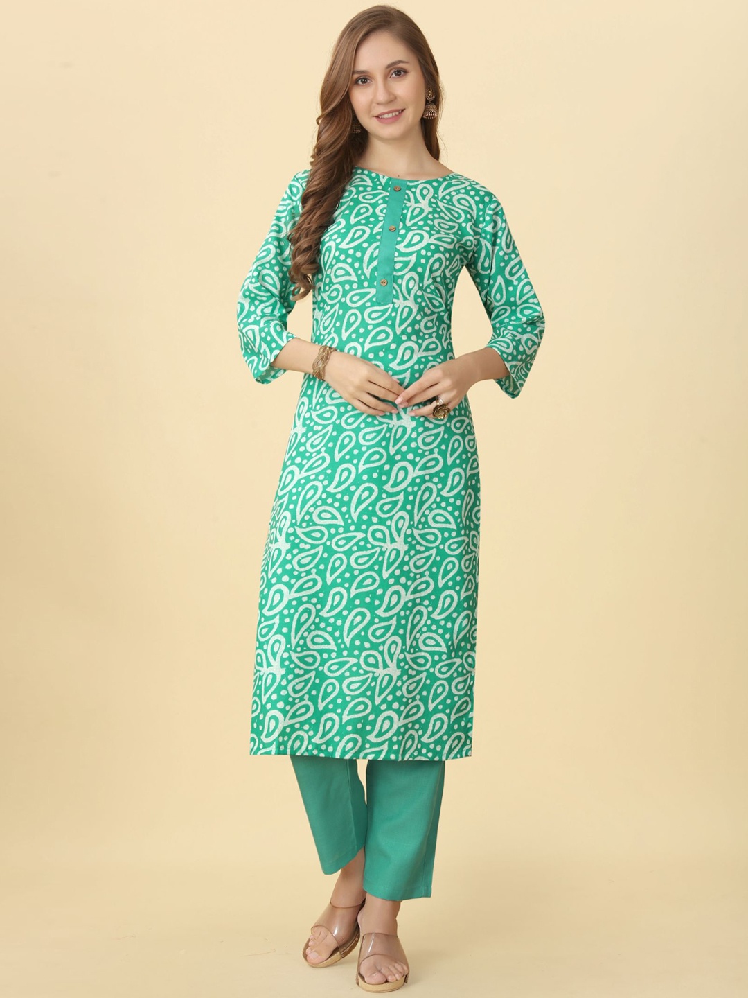 

KALINI Paisley Printed Regular Kurta with Trousers, Sea green
