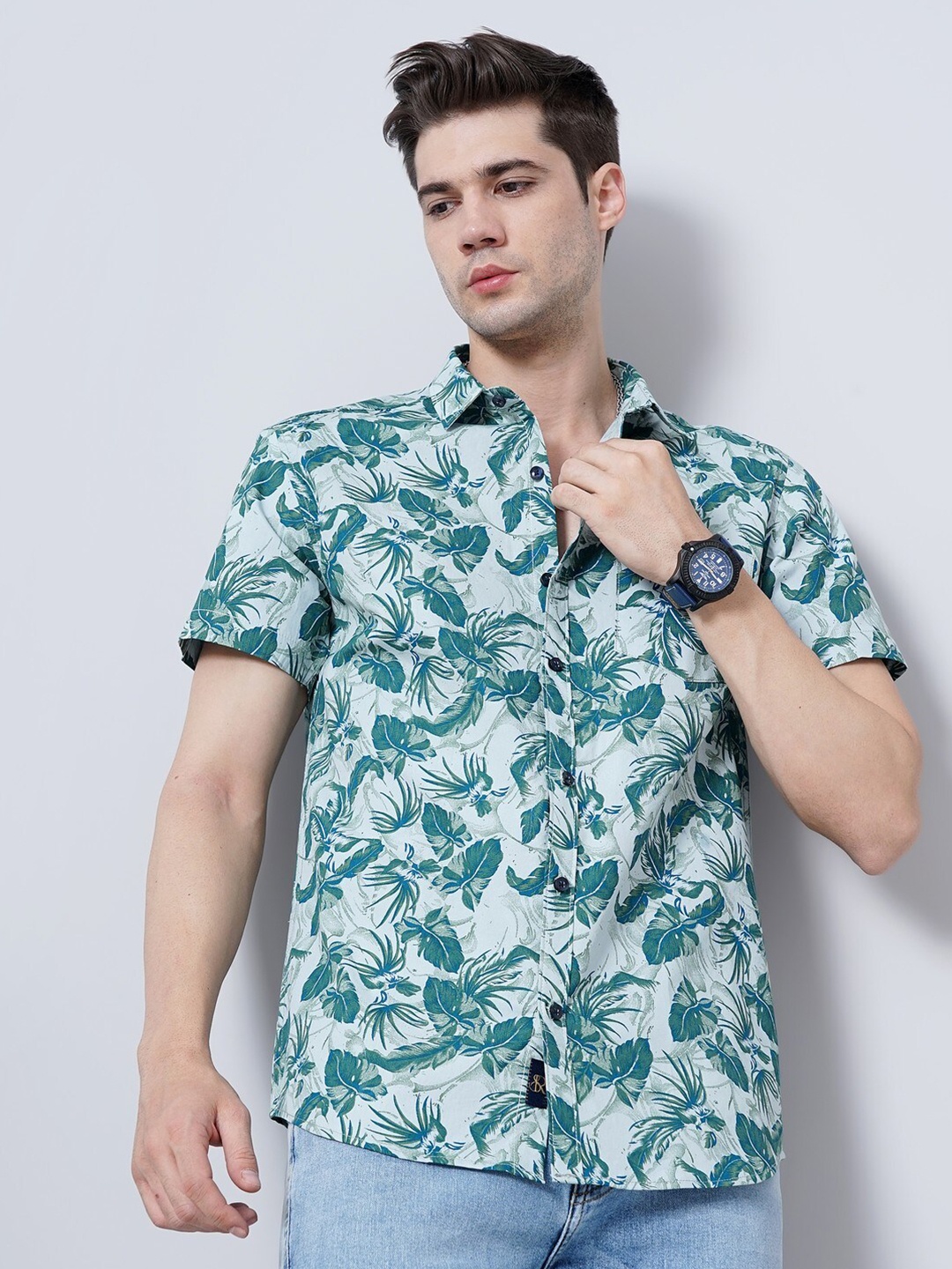 

SORATIA Comfort Floral Printed Cotton Casual Shirt, Green