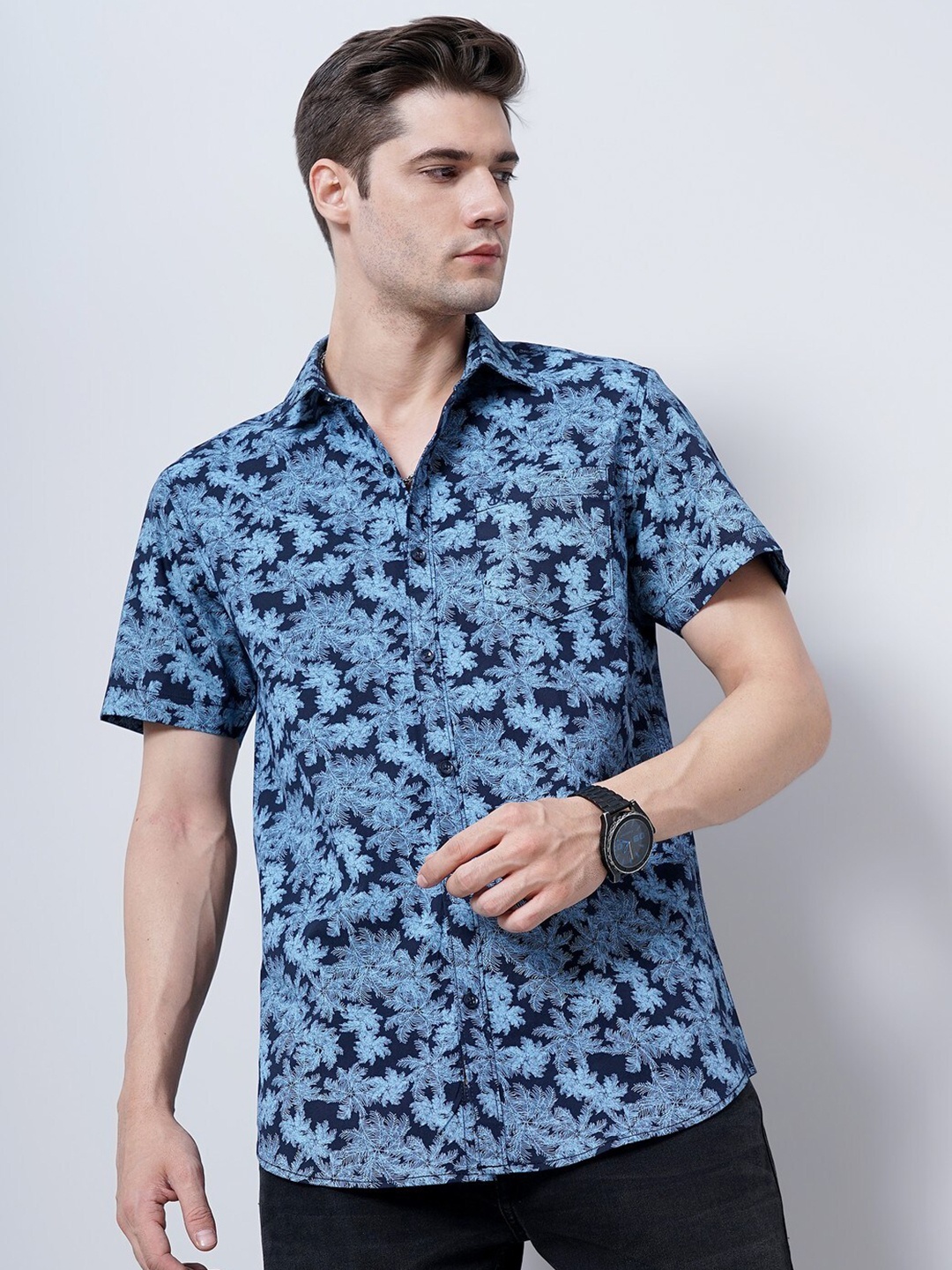 

SORATIA Comfort Floral Printed Cotton Casual Shirt, Navy blue