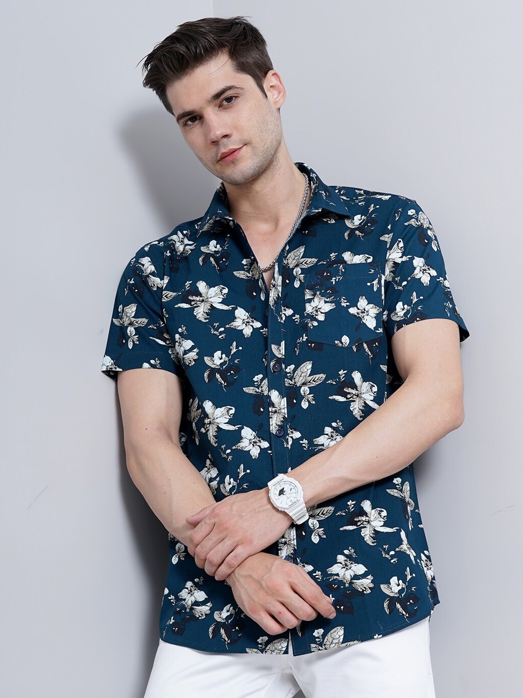 SORATIA Comfort Floral Printed Cotton Casual Shirt, Navy blue