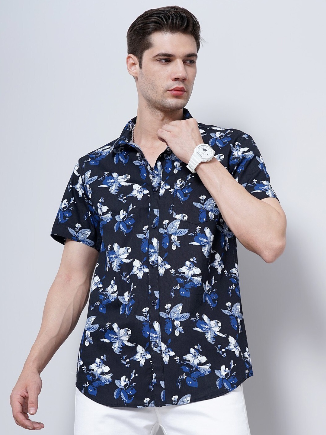 

SORATIA Comfort Floral Printed Cotton Casual Shirt, Black