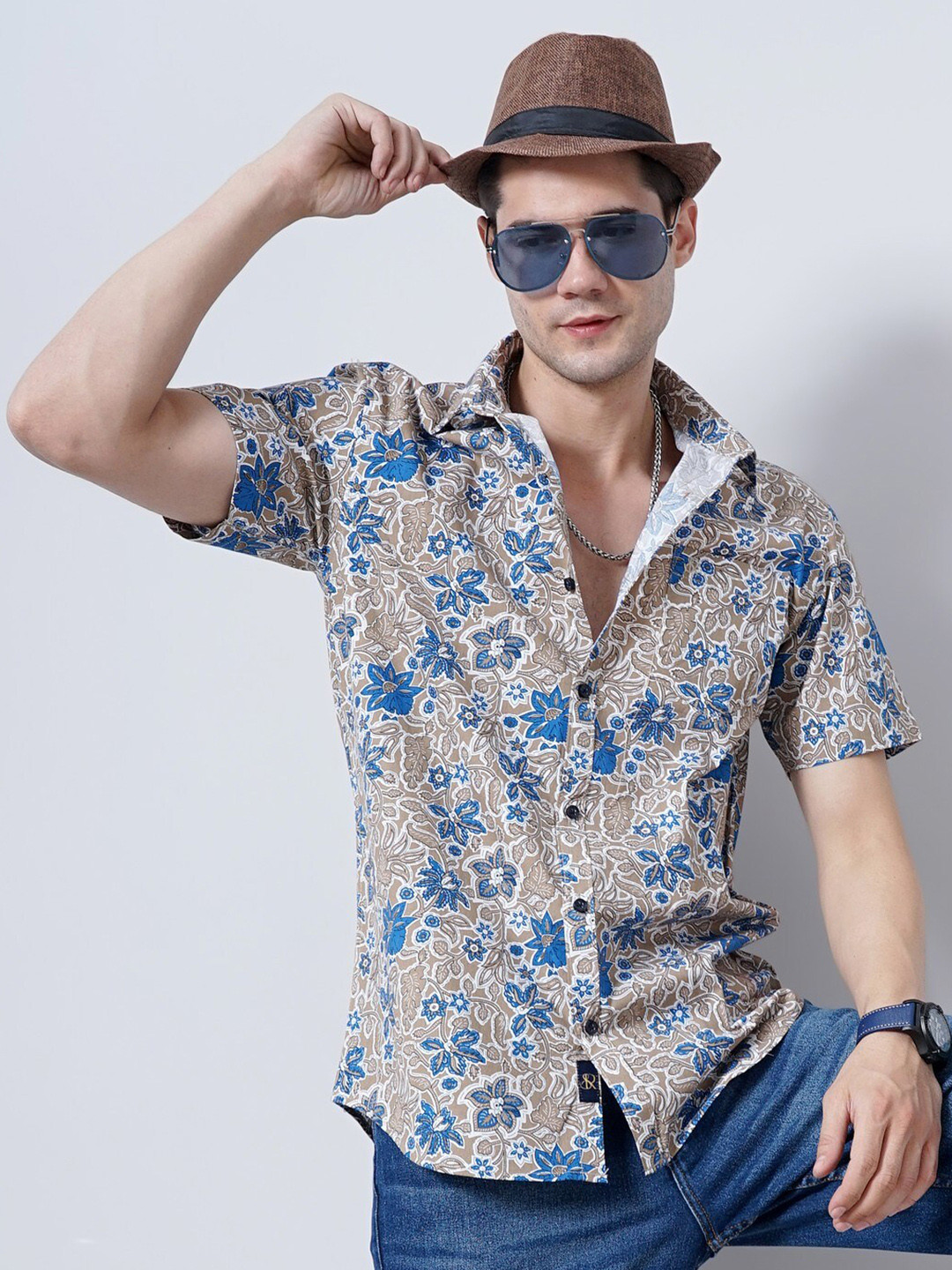 

SORATIA Comfort Floral Printed Cotton Casual Shirt, Brown