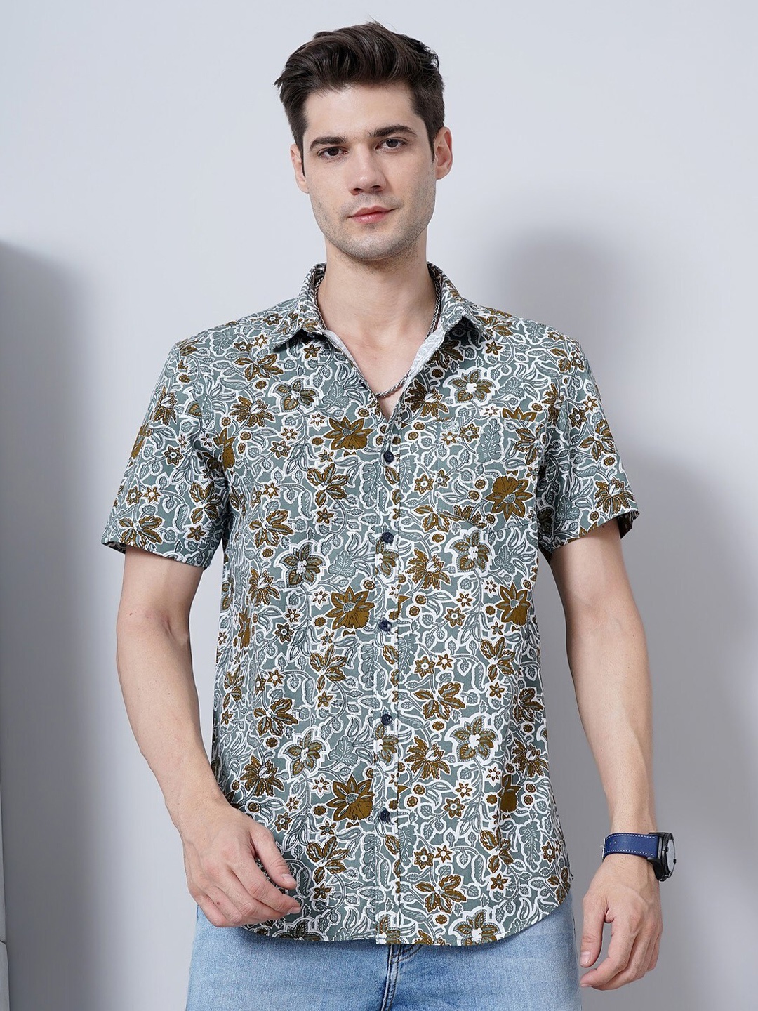

SORATIA Comfort Floral Printed Cotton Casual Shirt, Green