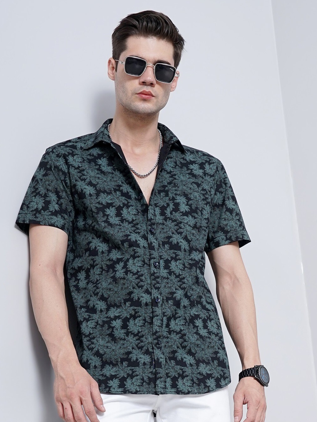SORATIA Comfort Floral Printed Cotton Casual Shirt, Black