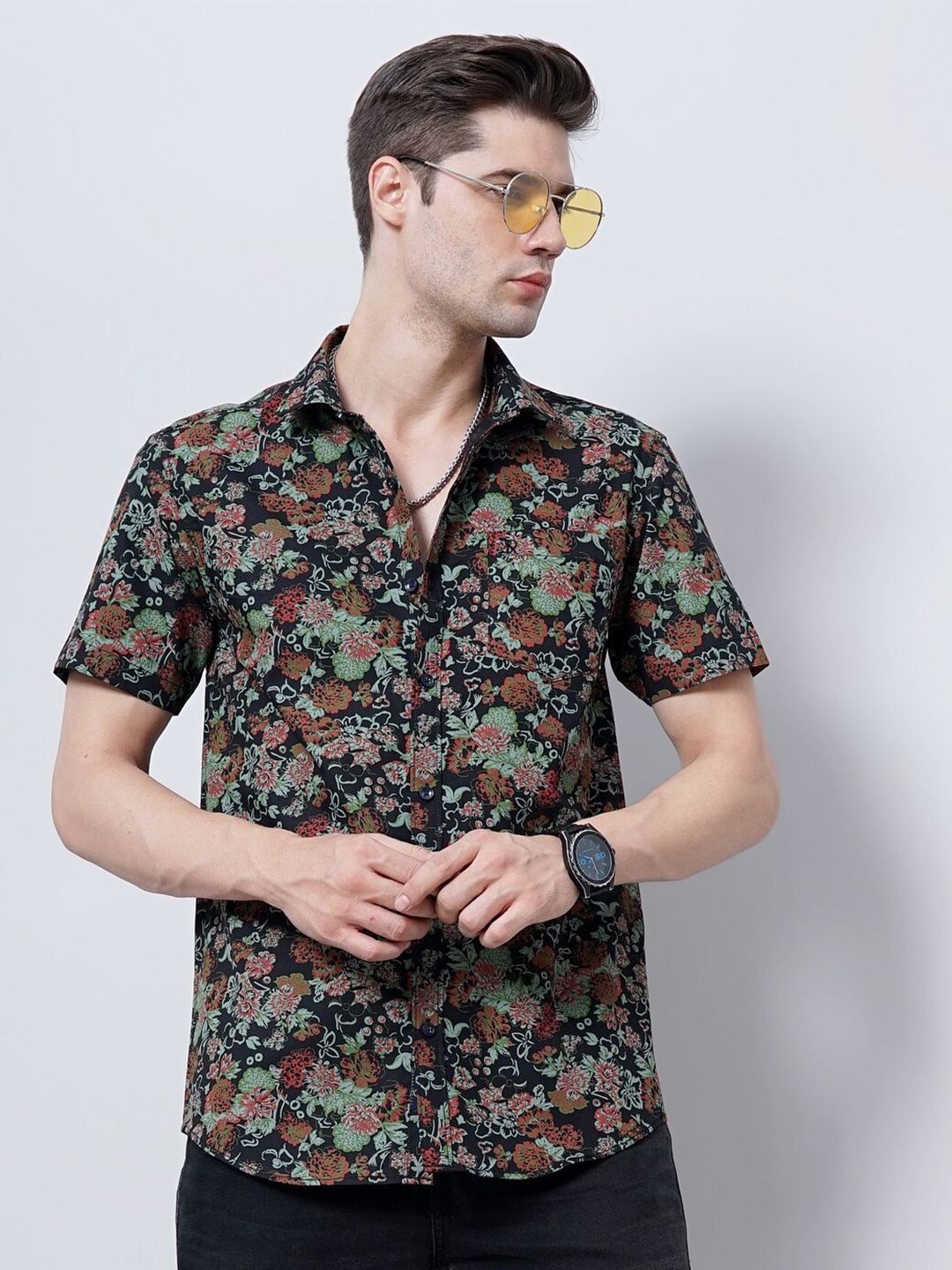 

SORATIA Floral Printed Comfort Fit Cotton Casual Shirt, Black