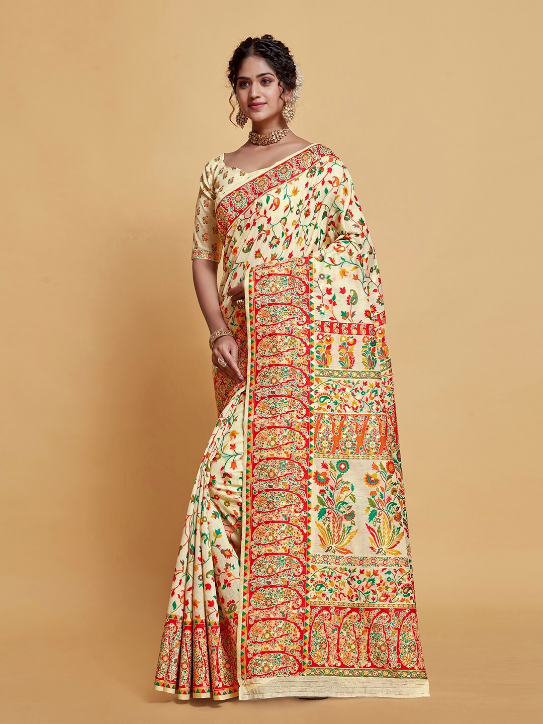 

Pisara Floral Woven Design Silk Cotton Banarasi Saree, Beige