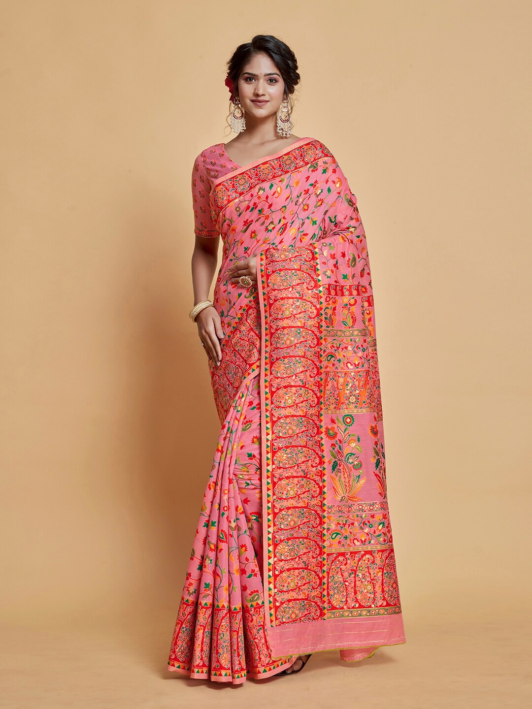 

Pisara Floral Printed Silk Cotton Banarasi Saree, Pink