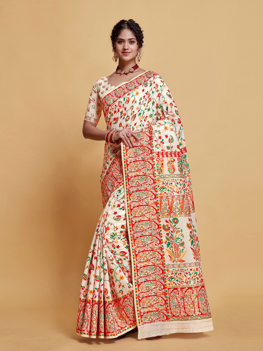 

Pisara Floral Printed Silk Cotton Banarasi Saree, White
