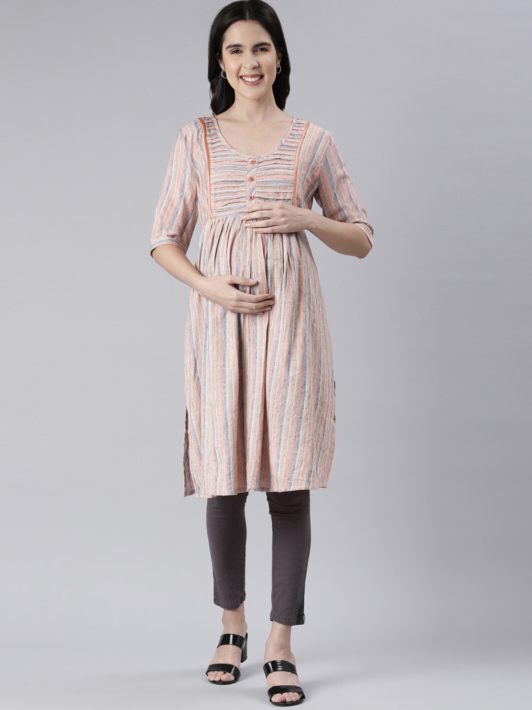 

GOLDSTROMS Striped Printed A-Line Maternity Kurta, Peach