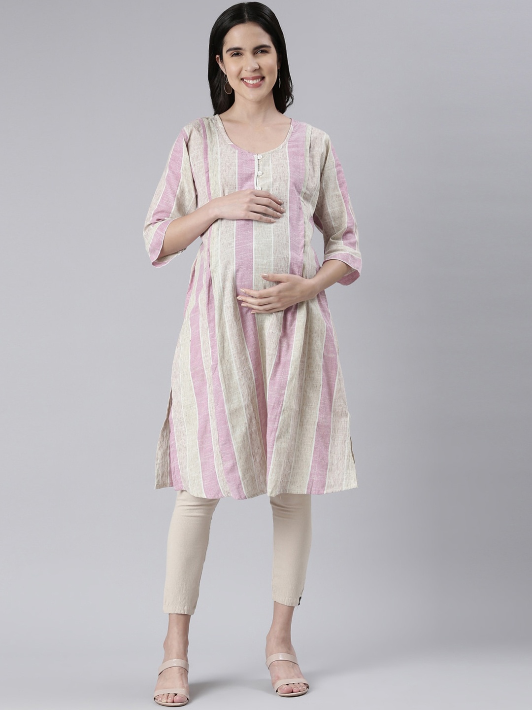 

GOLDSTROMS Striped Printed Maternity Kurta, Pink