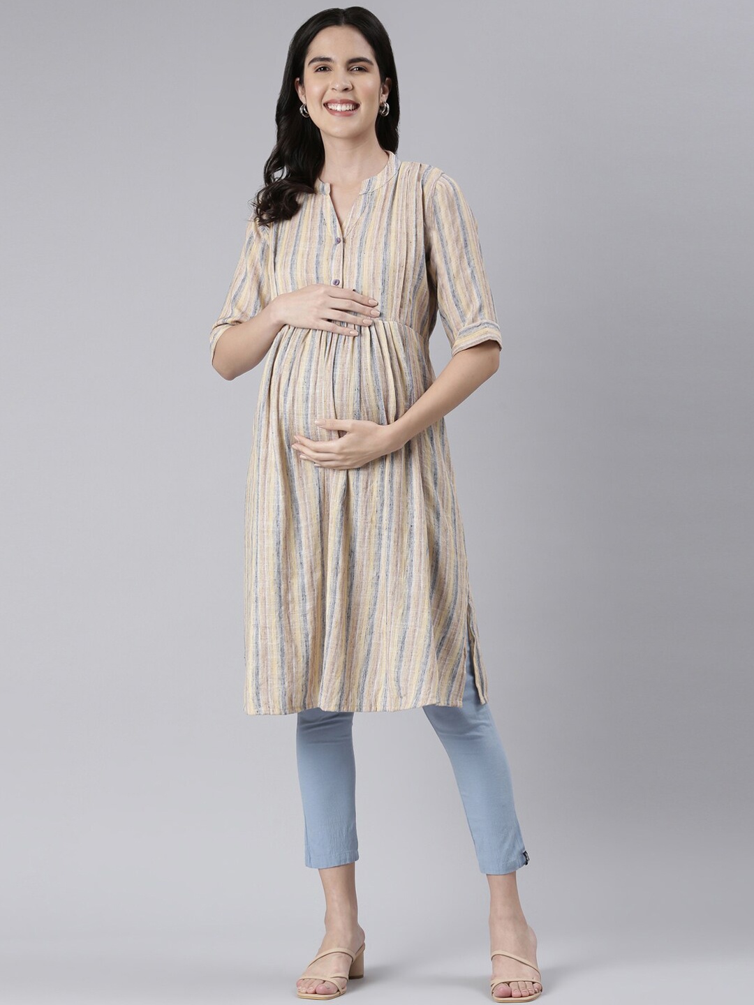 

GOLDSTROMS Striped Printed Maternity Kurta, Yellow